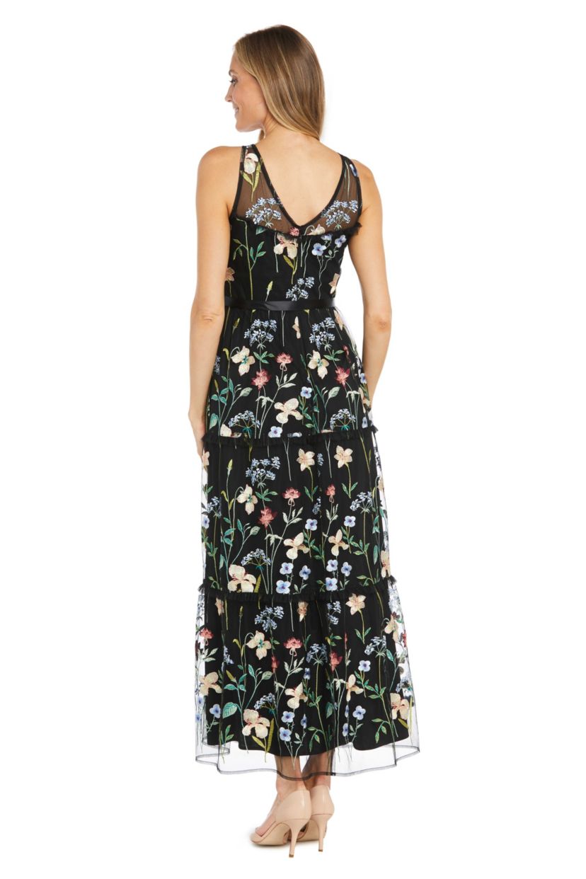 Missy Long Floral Threadwork Dress with Full Skirt and Satin Sash
