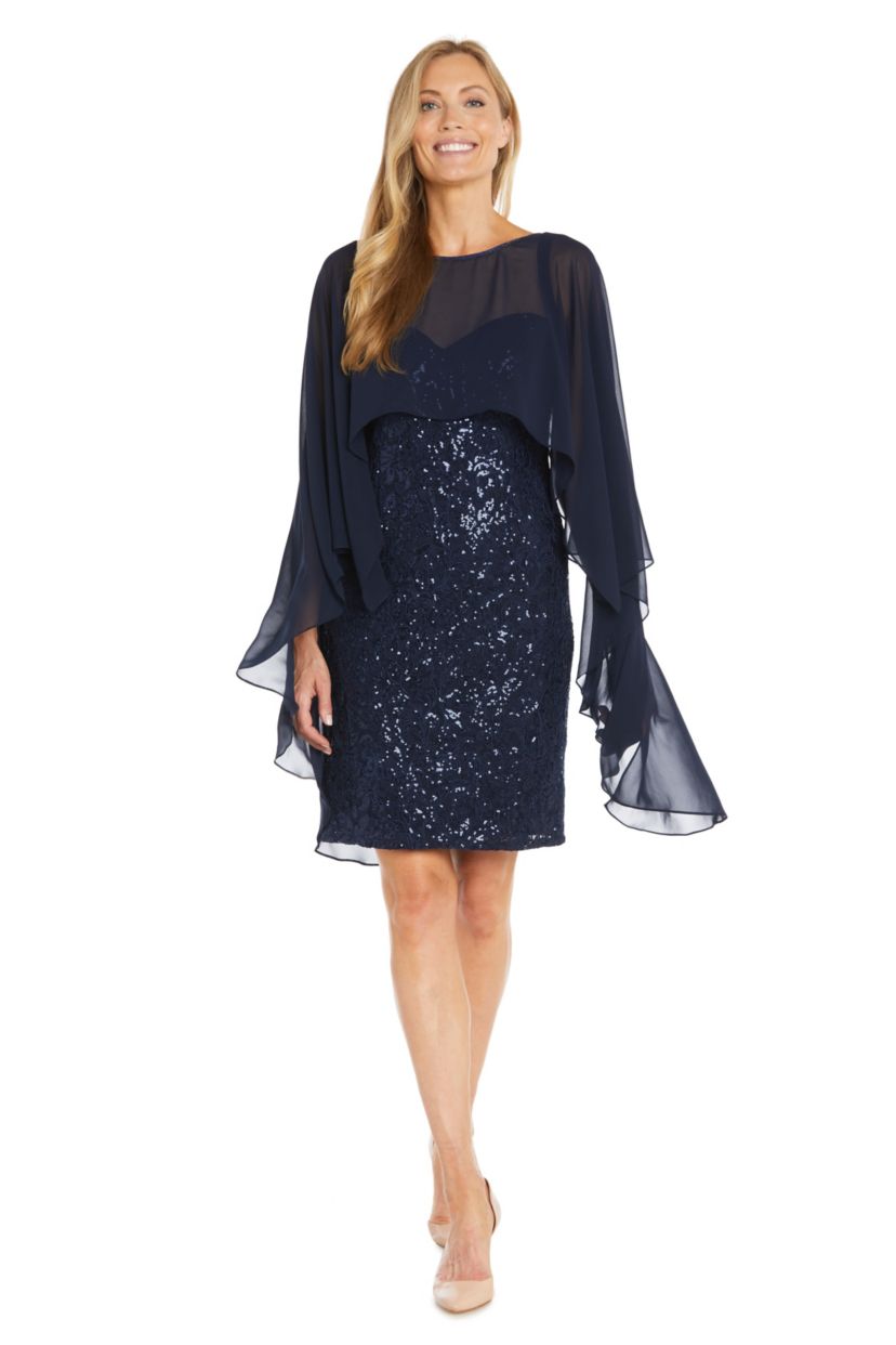 Short Lace And Sequin Dress W/ Flyaway Capelet