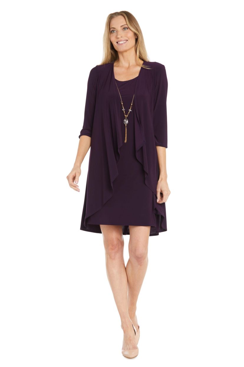 2Pc Solid Ity Flyaway Jacket Dress With Detachable Necklace