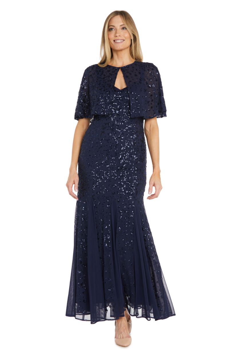 2Pc Beaded Bolero Jacket With Long Beaded And Sequin Mesh Dress With Godet Insert