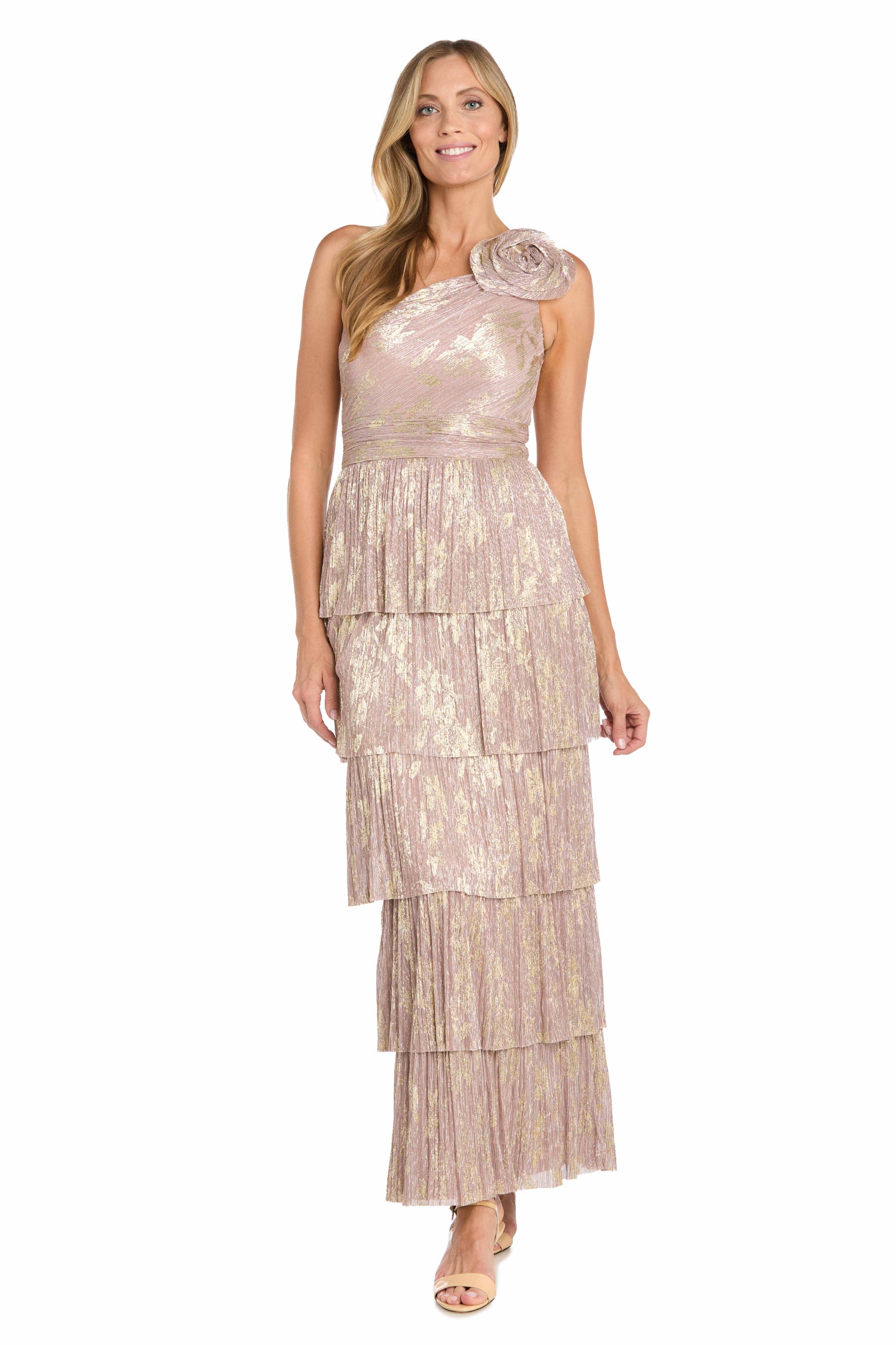 Long One Shoulder Pleated Metalic Sheer Tier W/ Flower Detail
