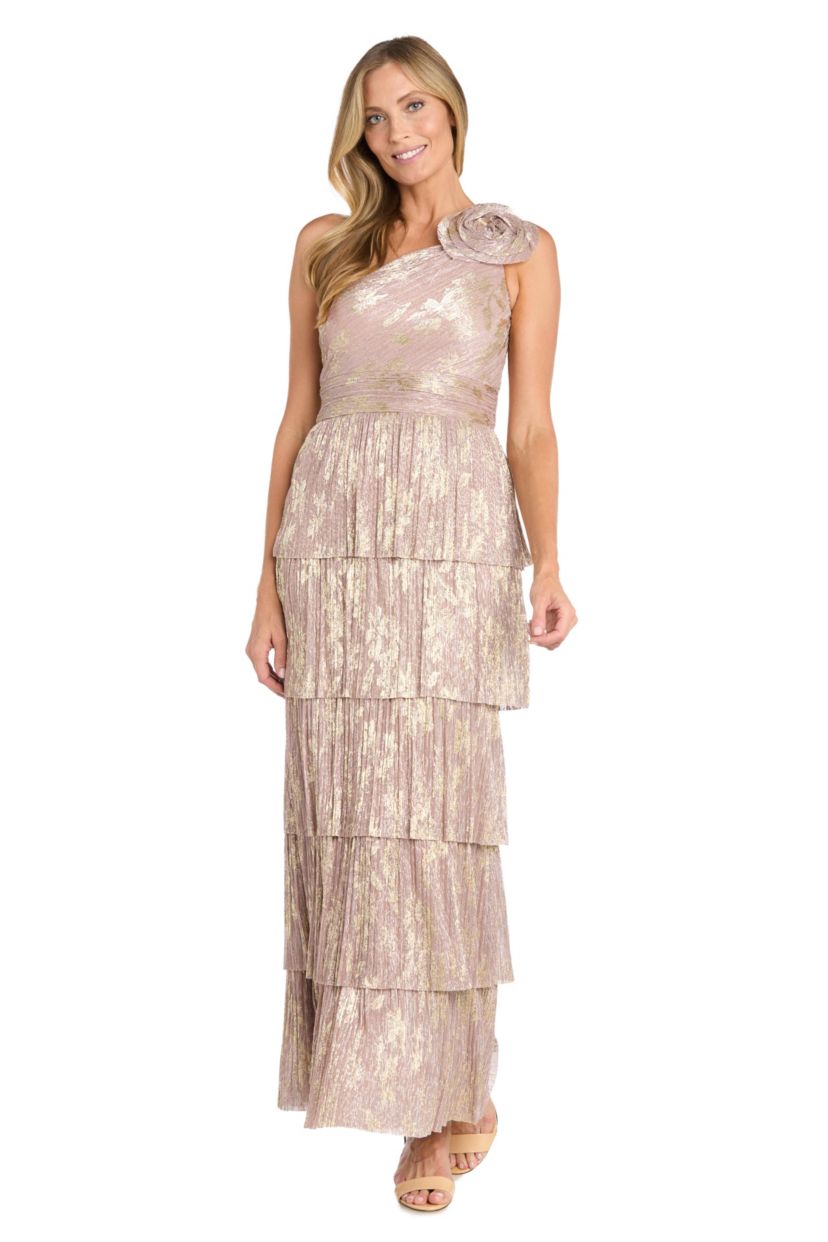 Long One Shoulder Pleated Metalic Sheer Tier W/ Flower Detail