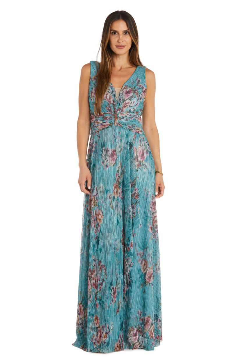 Long Crinkle Pleated Printed V Neck Dress With Mock Side Cascade Ruffle And Rouched Waist