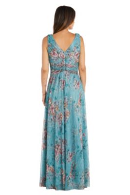 Long Crinkle Pleated Printed V Neck Dress With Mock Side Cascade Ruffle And Rouched Waist