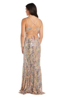 Long Geometric Pattern Multi Colored Sequins W Strappy Lace Up Back