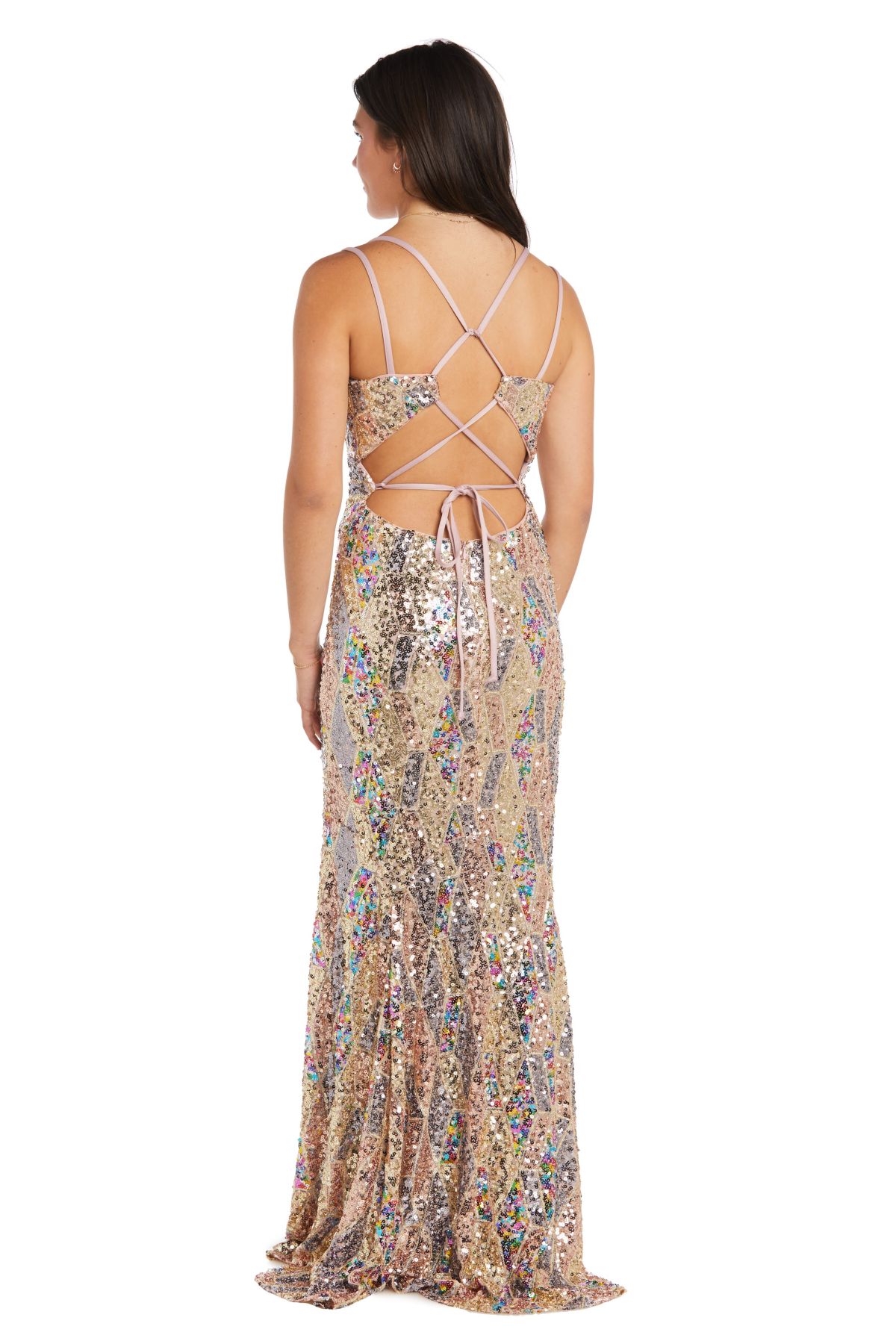 Long Geometric Pattern Multi Colored Sequins W Strappy Lace Up Back