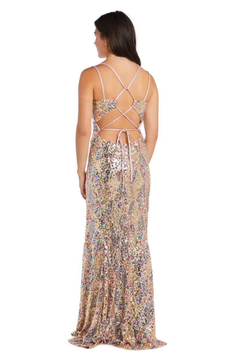 Long Geometric Pattern Multi Colored Sequins W Strappy Lace Up Back
