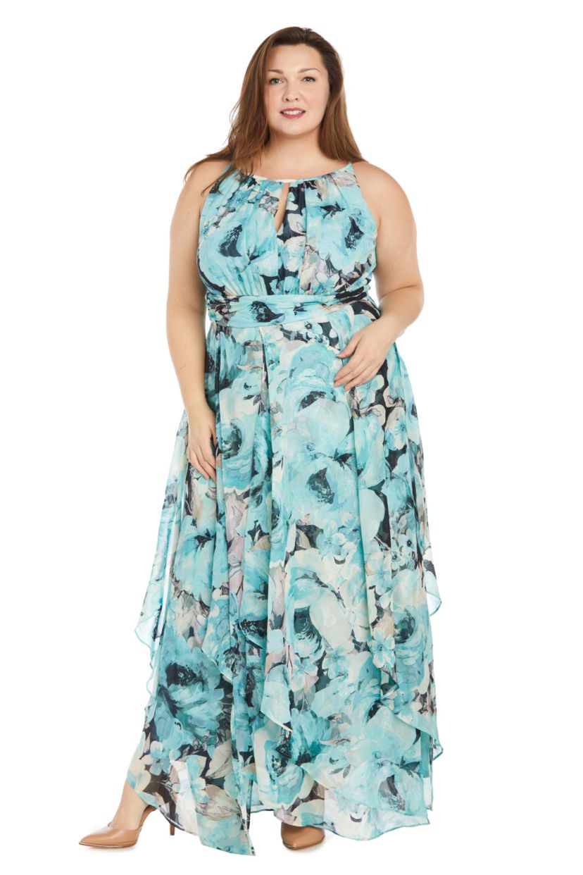 Long Printed Chiffon Halter Dress With Hankie Hemline Keyhole Front