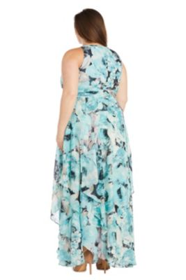 Long Printed Chiffon Halter Dress With Hankie Hemline Keyhole Front