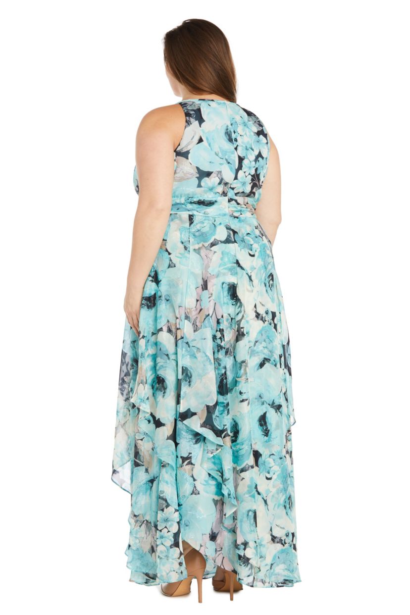 Long Printed Chiffon Halter Dress With Hankie Hemline Keyhole Front