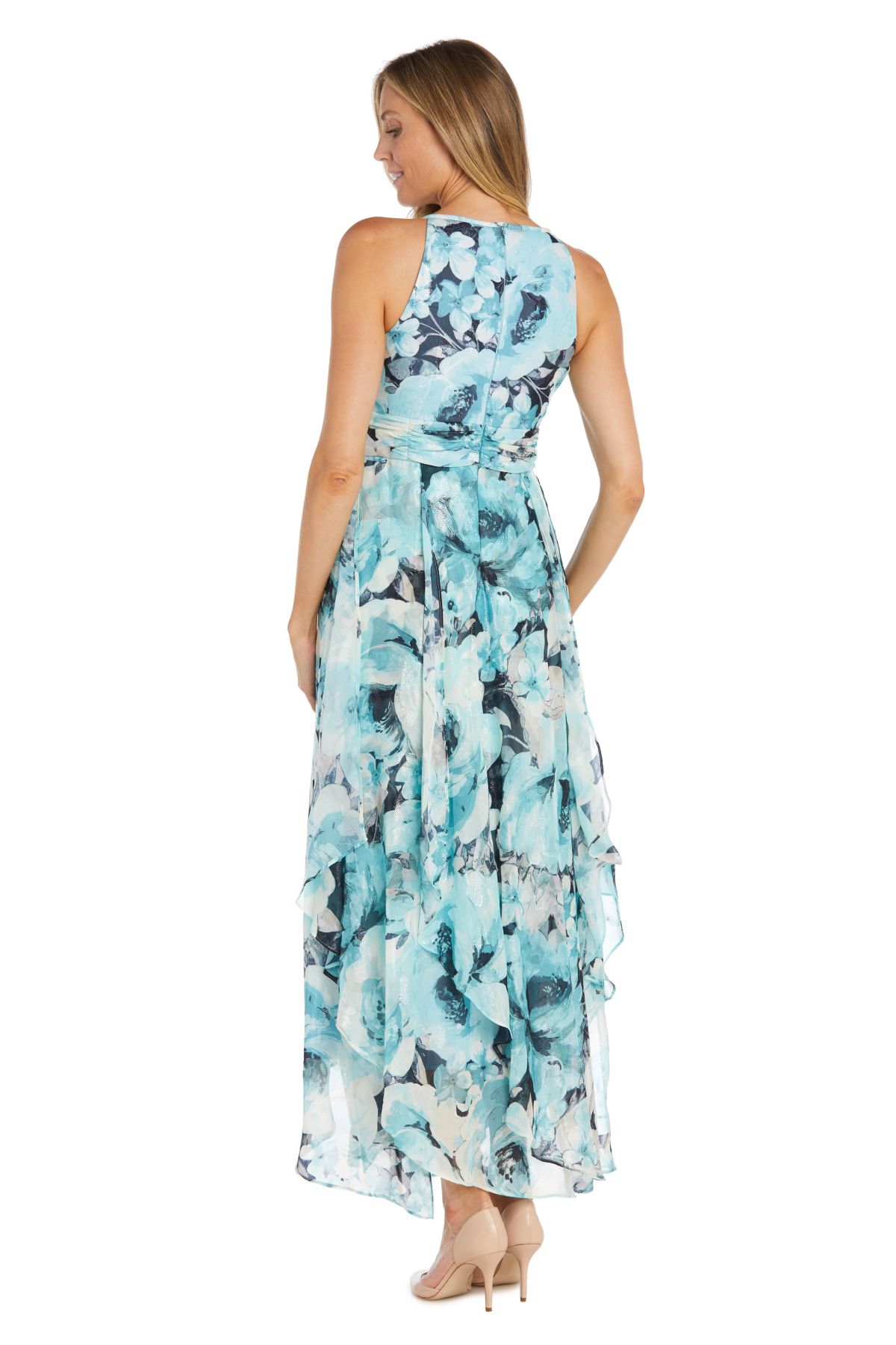 Long Printed Chiffon Halter Dress With Hankie Hemline Keyhole Front