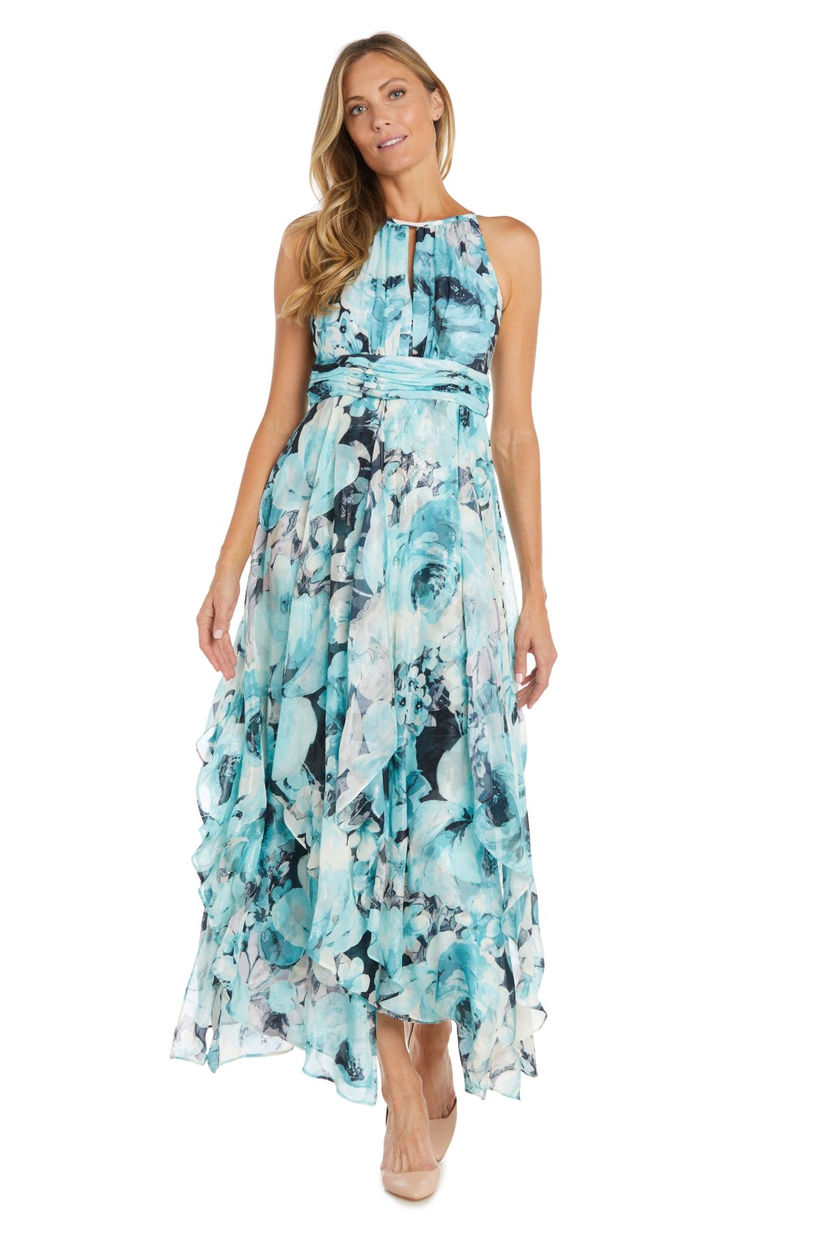 Long Printed Chiffon Halter Dress With Hankie Hemline Keyhole Front