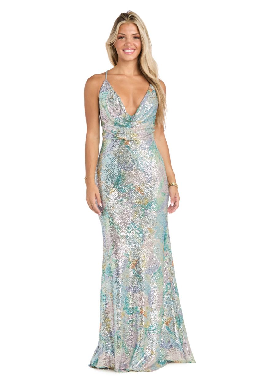 Long Printed Sequin Beaded Dress With Draped Cowl Front And Lace Up Back
