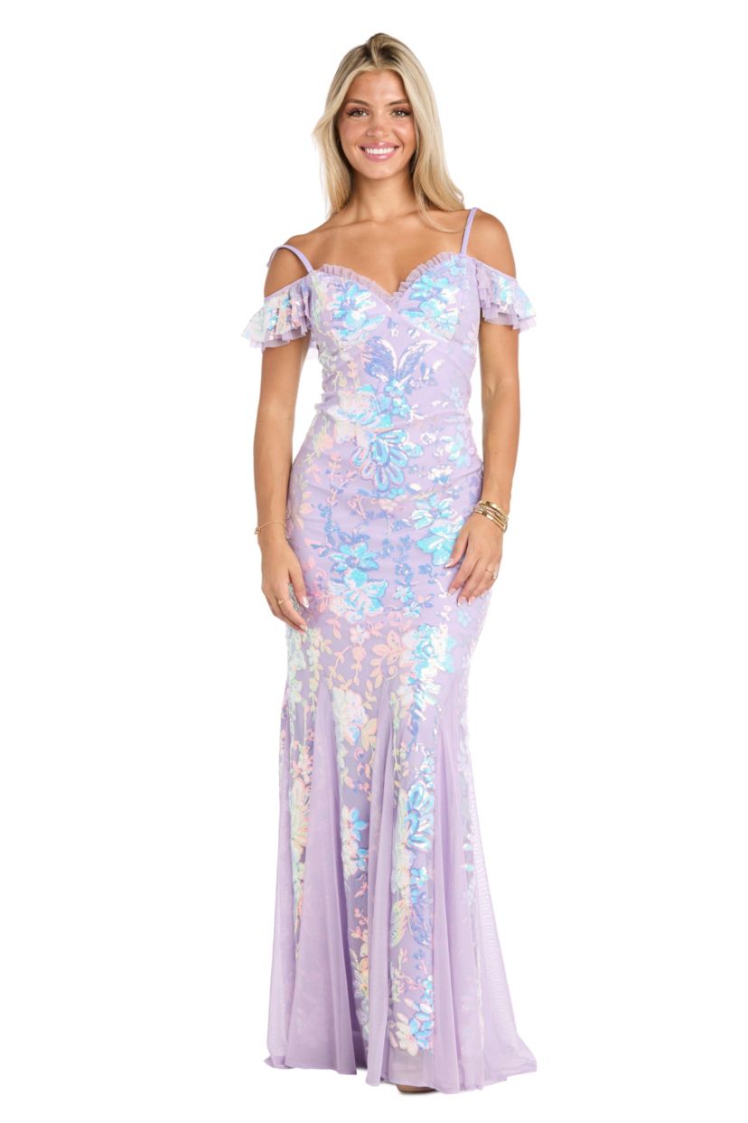 Long Floral Sequin Pattern With Ruffle Cap Sleeve And Mesh Godets