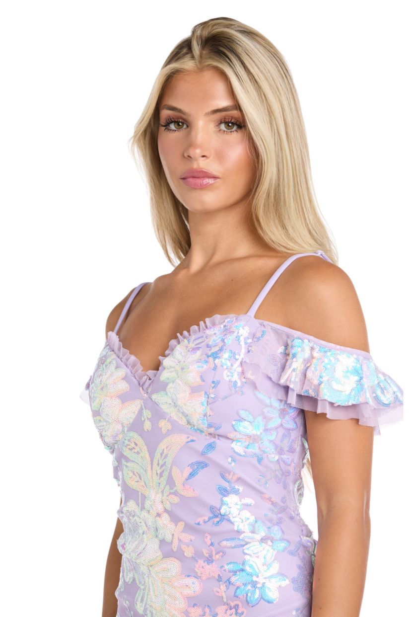 Long Floral Sequin Pattern With Ruffle Cap Sleeve And Mesh Godets