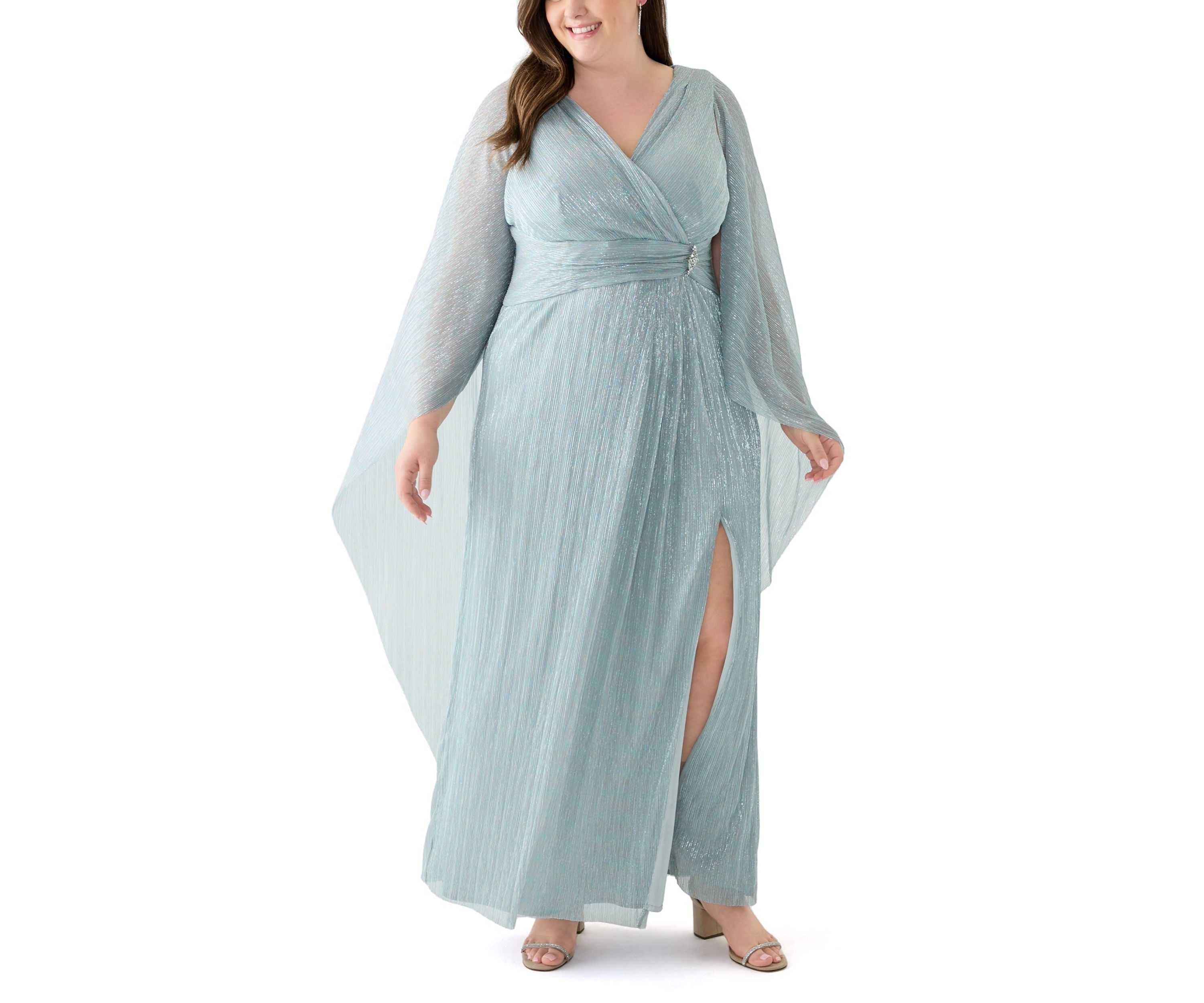 Plus Size V-Neck Cape Sleeve Solid Gown