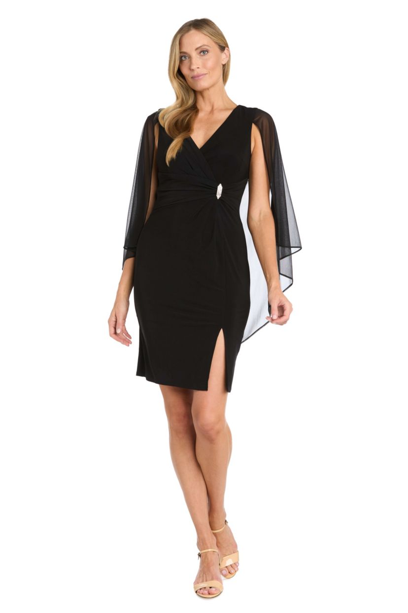 Short Jersey Mock Wrap Dress with Assymetrical Capelet
