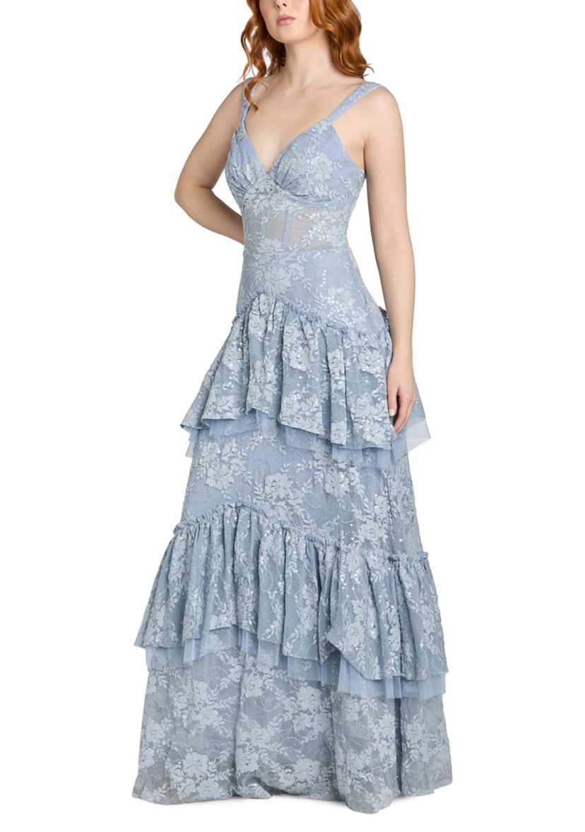 Morgan & Co Women's Sleeveless Tiered Lace Gown, 5