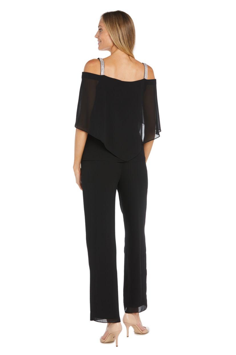 2Pc Georgette Pantset With Tierred Top Rhinestone Straps