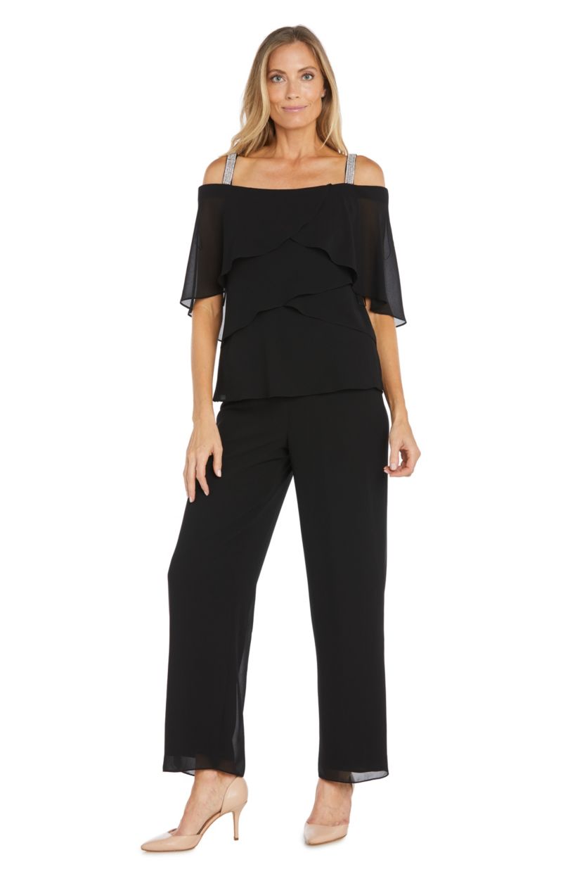 2Pc Georgette Pantset With Tierred Top Rhinestone Straps