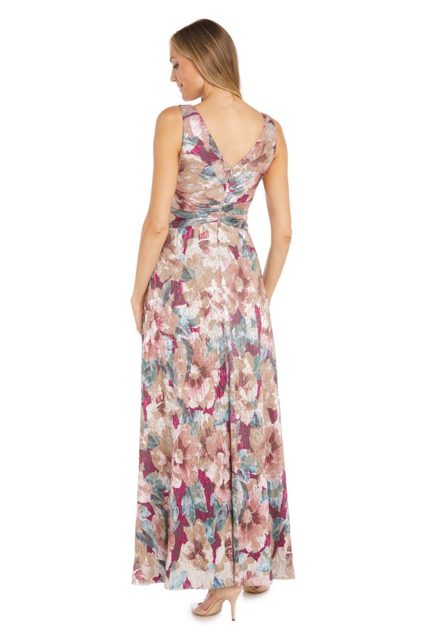 Long Metallic Floral Printed Dress With Rouched Waistline, V Neckline With Mesh Inset Sleeveless