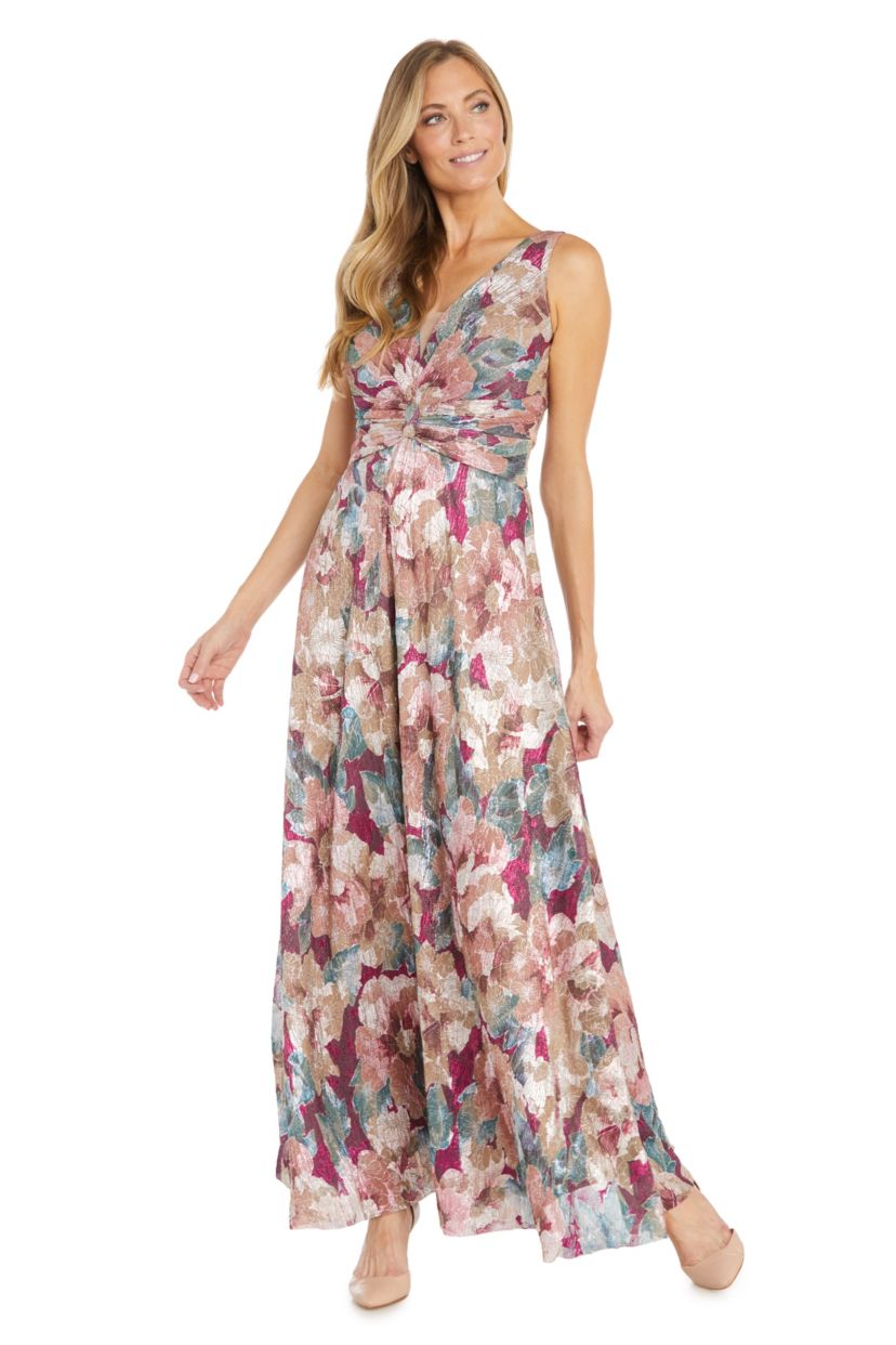 Long Metallic Floral Printed Dress With Rouched Waistline, V Neckline With Mesh Inset Sleeveless