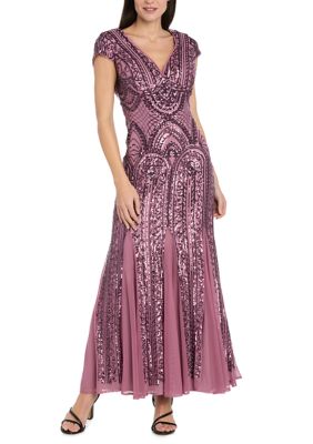 R & M Richards Women's Beaded Mesh Godet Gown