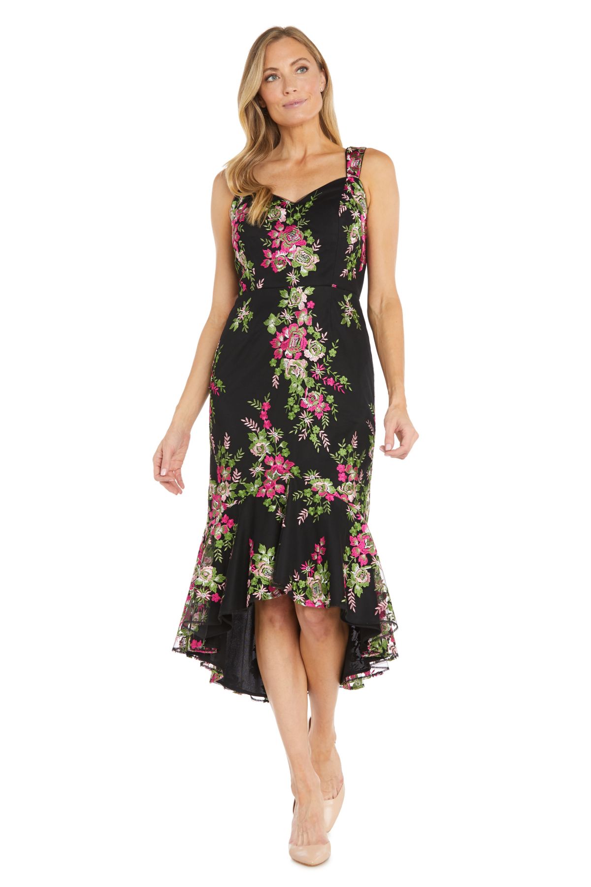 1Pc Embroidered Floral Hi Lo Flounce Dress