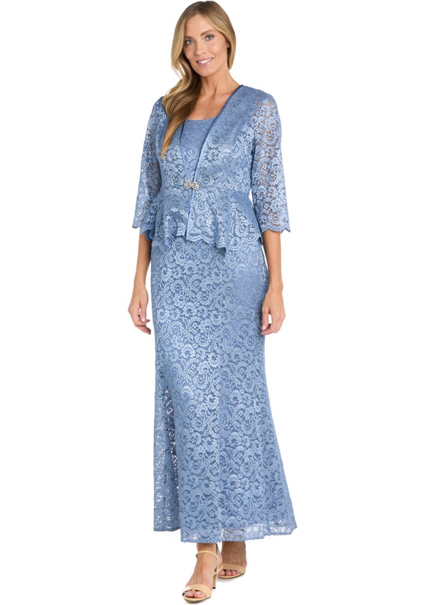 r and m richards lace jacket dress R & M Richards Long Lace Jacket Dress