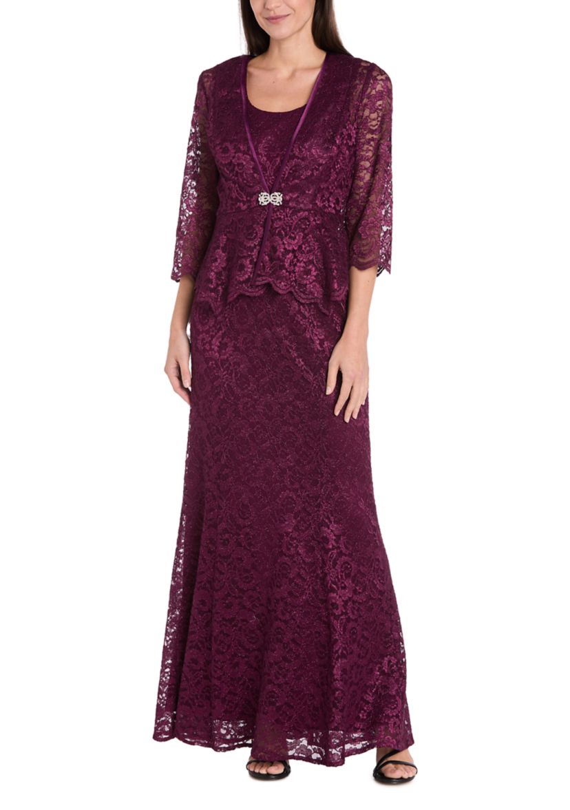 Long Lace 2 Pc Peplum Jacket Dress With Frog Closure