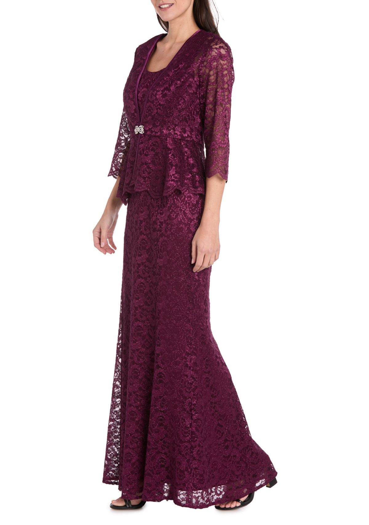 Long Lace 2 Pc Peplum Jacket Dress With Frog Closure