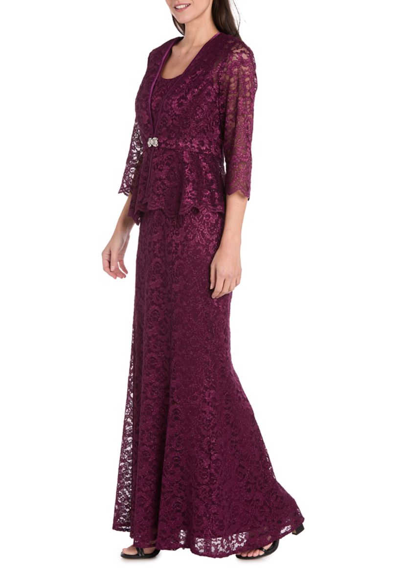 Long Lace 2 Pc Peplum Jacket Dress With Frog Closure