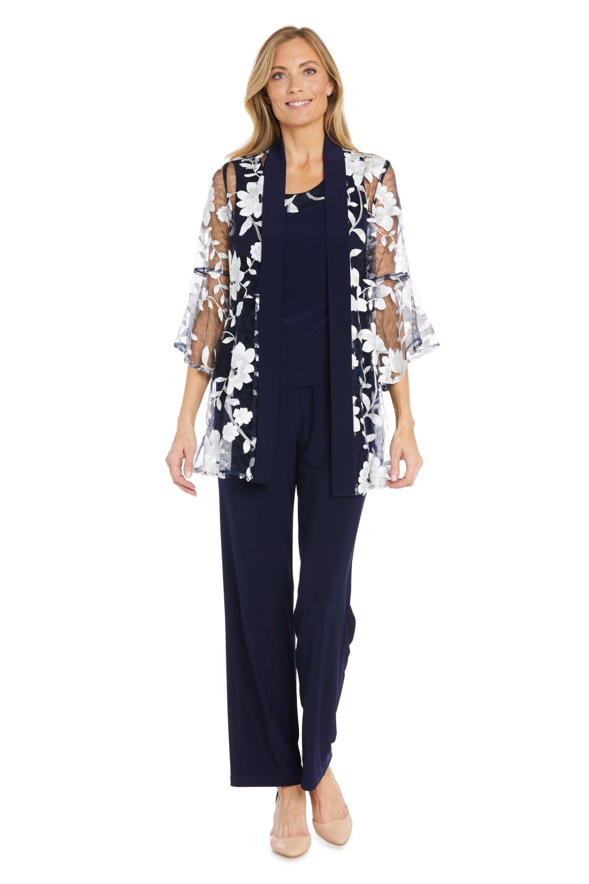 3Pc Floral Threadwork Duster Pantsuit With Sheet Bell Sleeve