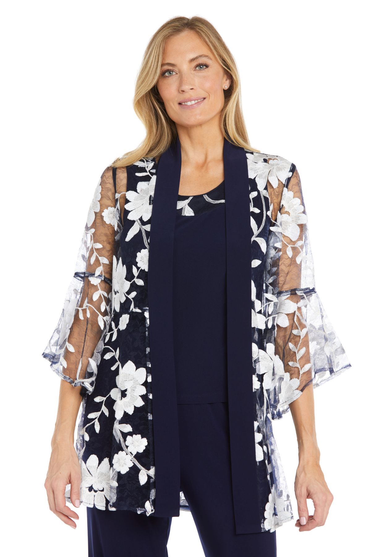 3Pc Floral Threadwork Duster Pantsuit With Sheet Bell Sleeve