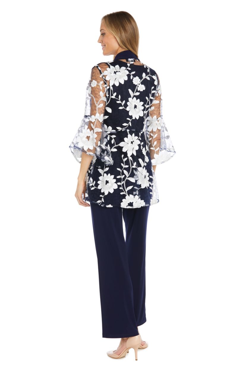 3Pc Floral Threadwork Duster Pantsuit With Sheet Bell Sleeve
