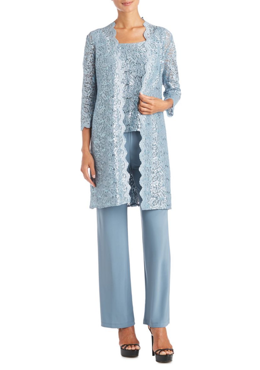 Petite 3-Piece Scallop Lace Duster Pantset