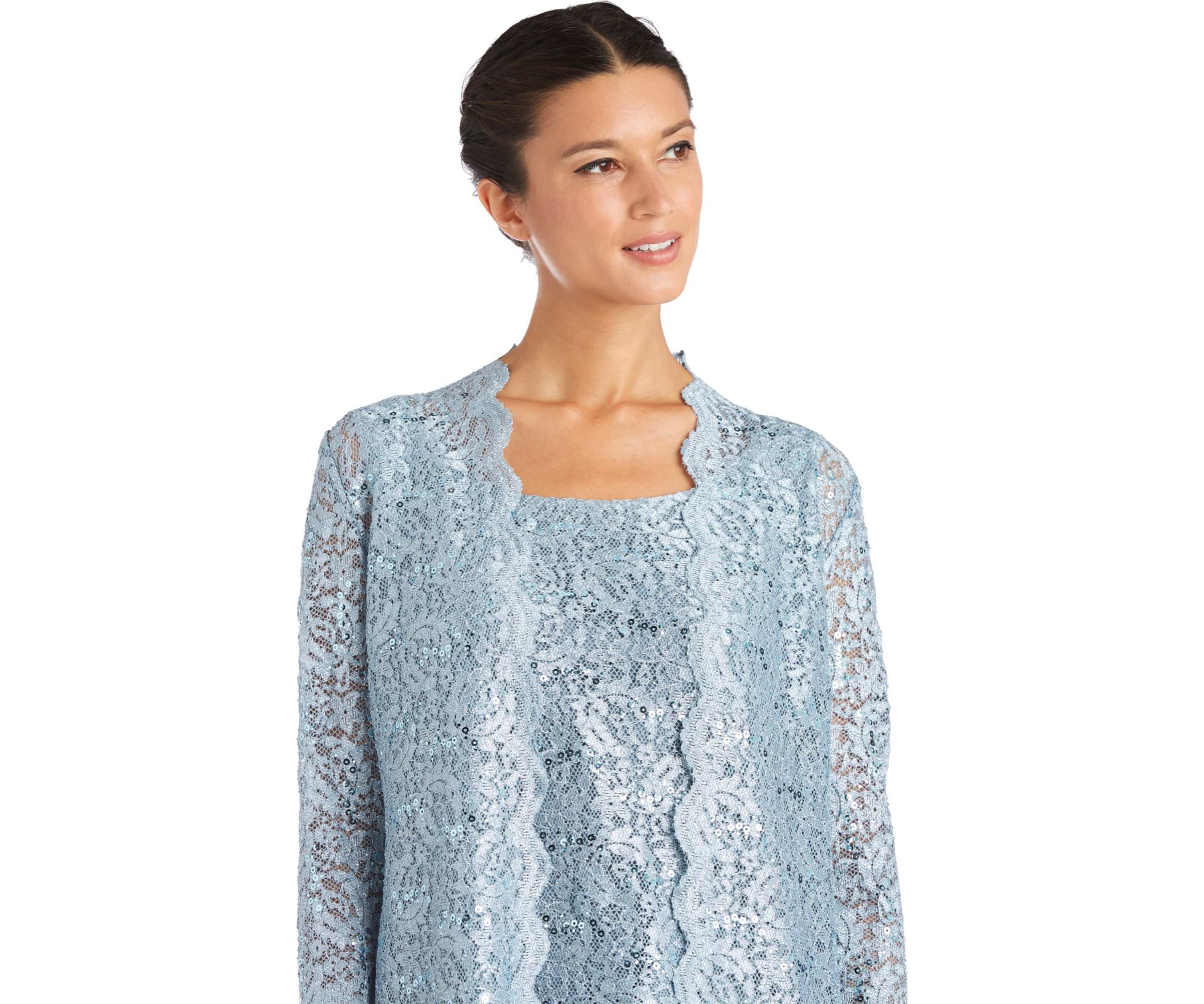 Petite 3-Piece Scallop Lace Duster Pantset