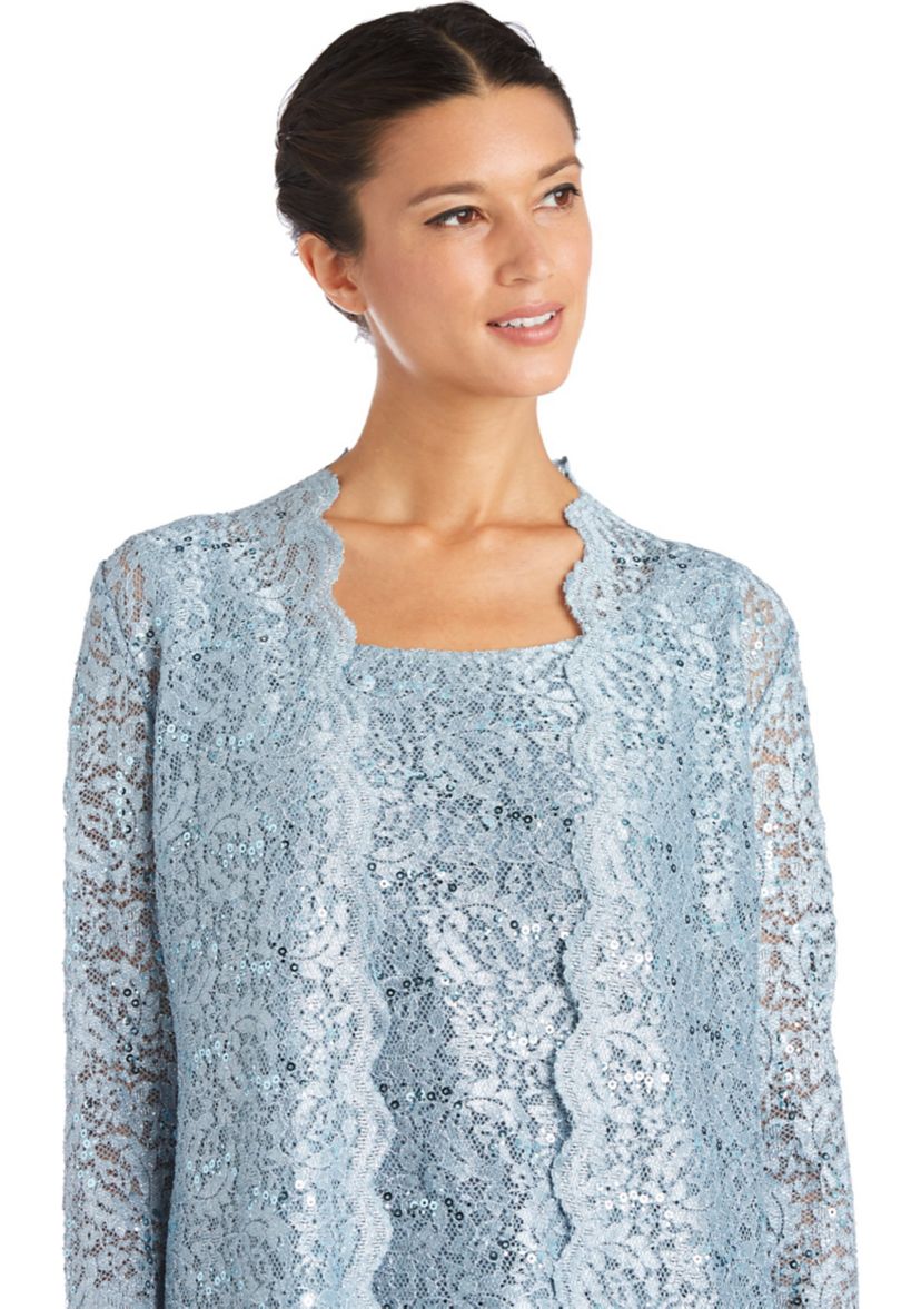 Petite 3-Piece Scallop Lace Duster Pantset