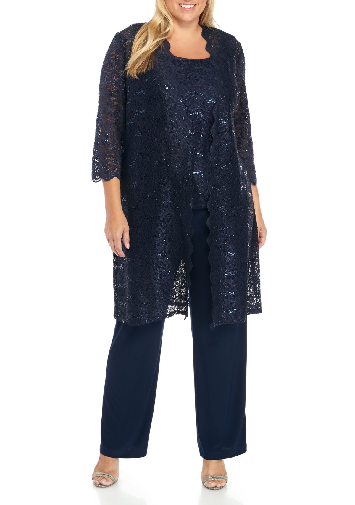 Plus Size 3-Piece Scallop Lace Duster Pant Set