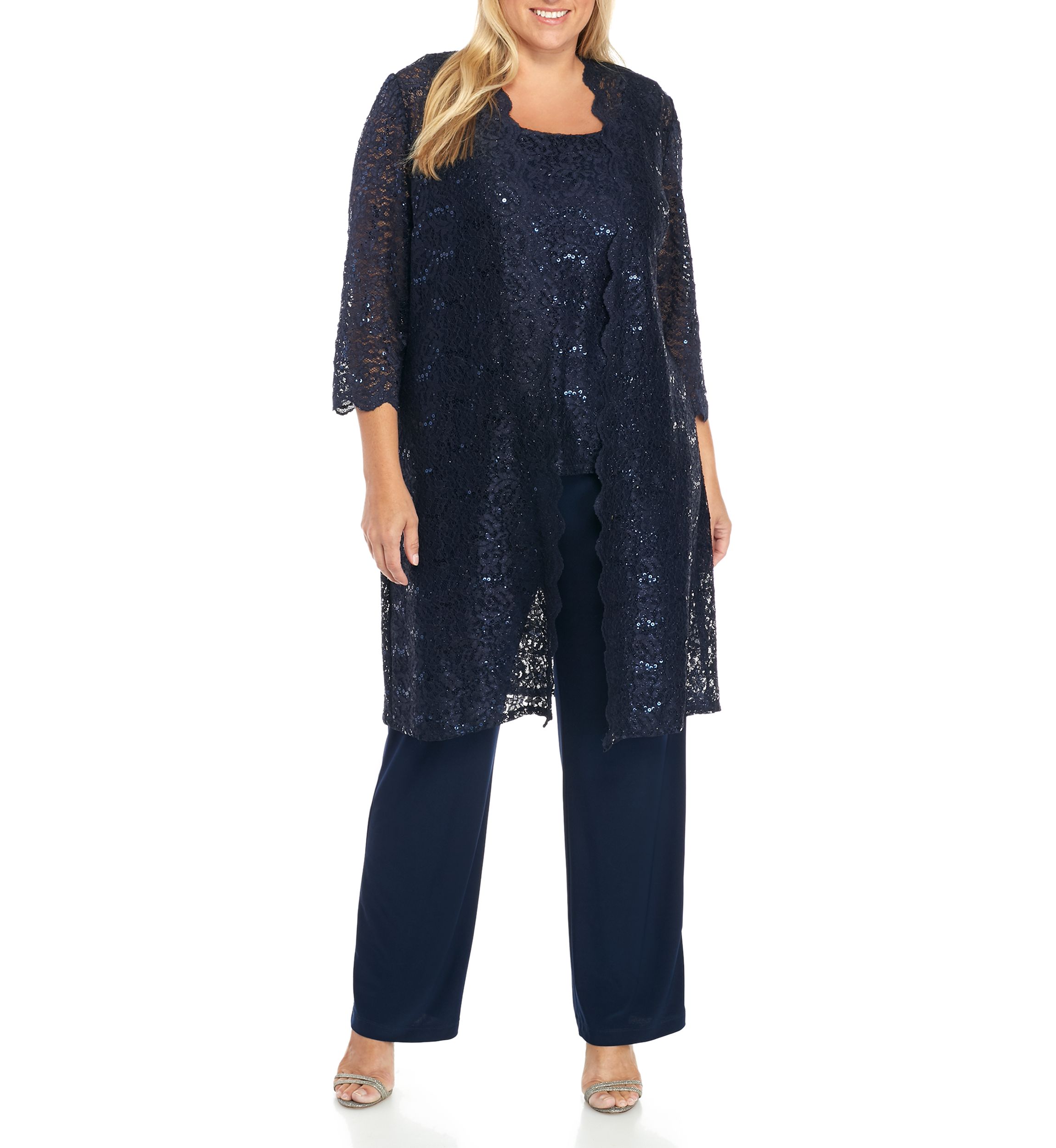 Plus Size 3-Piece Scallop Lace Duster Pant Set