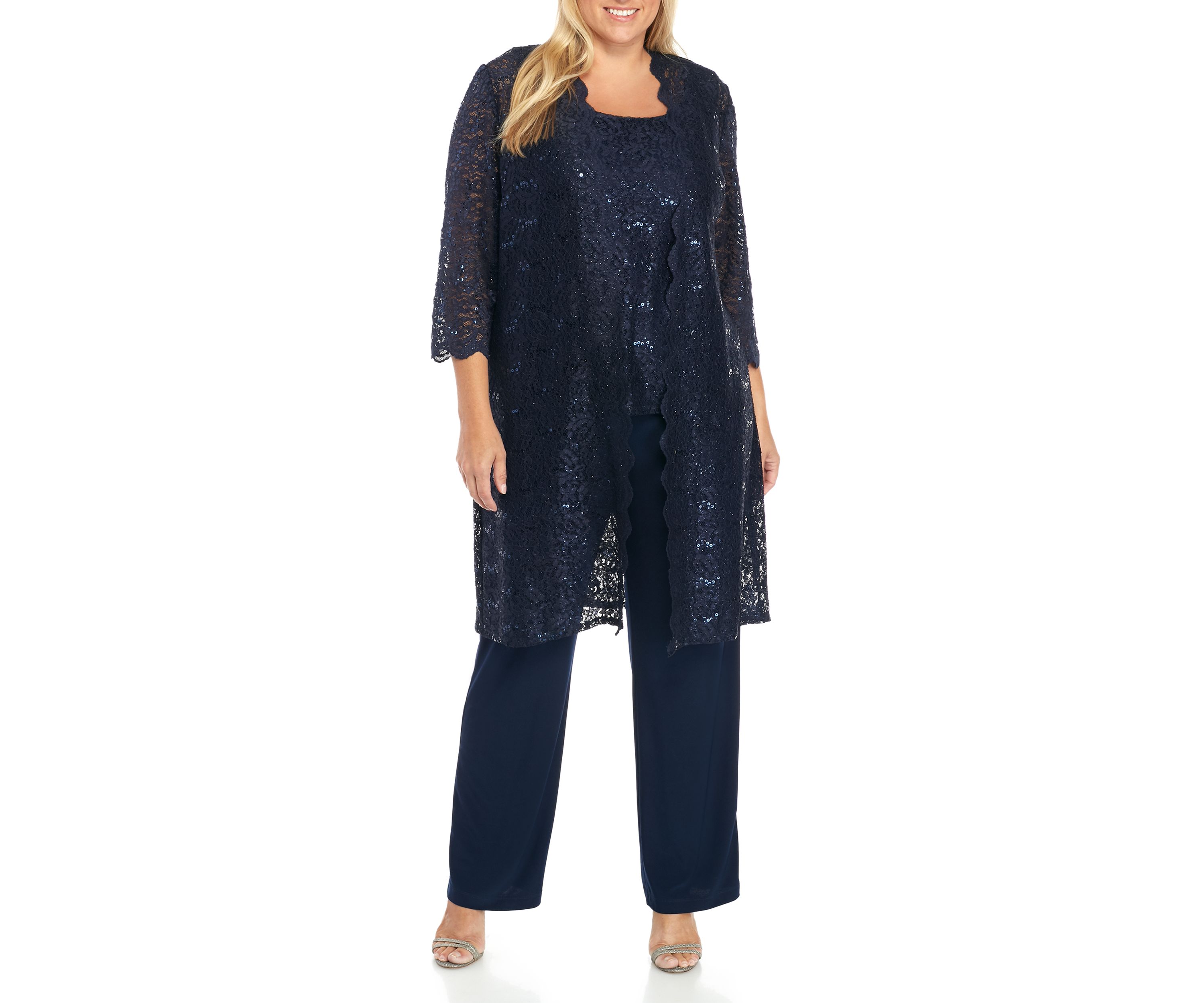 Plus Size 3-Piece Scallop Lace Duster Pant Set