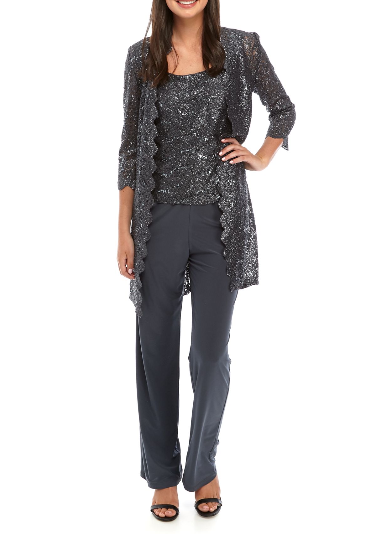 Womens 3 Piece Scallop Lace Duster Pant Set