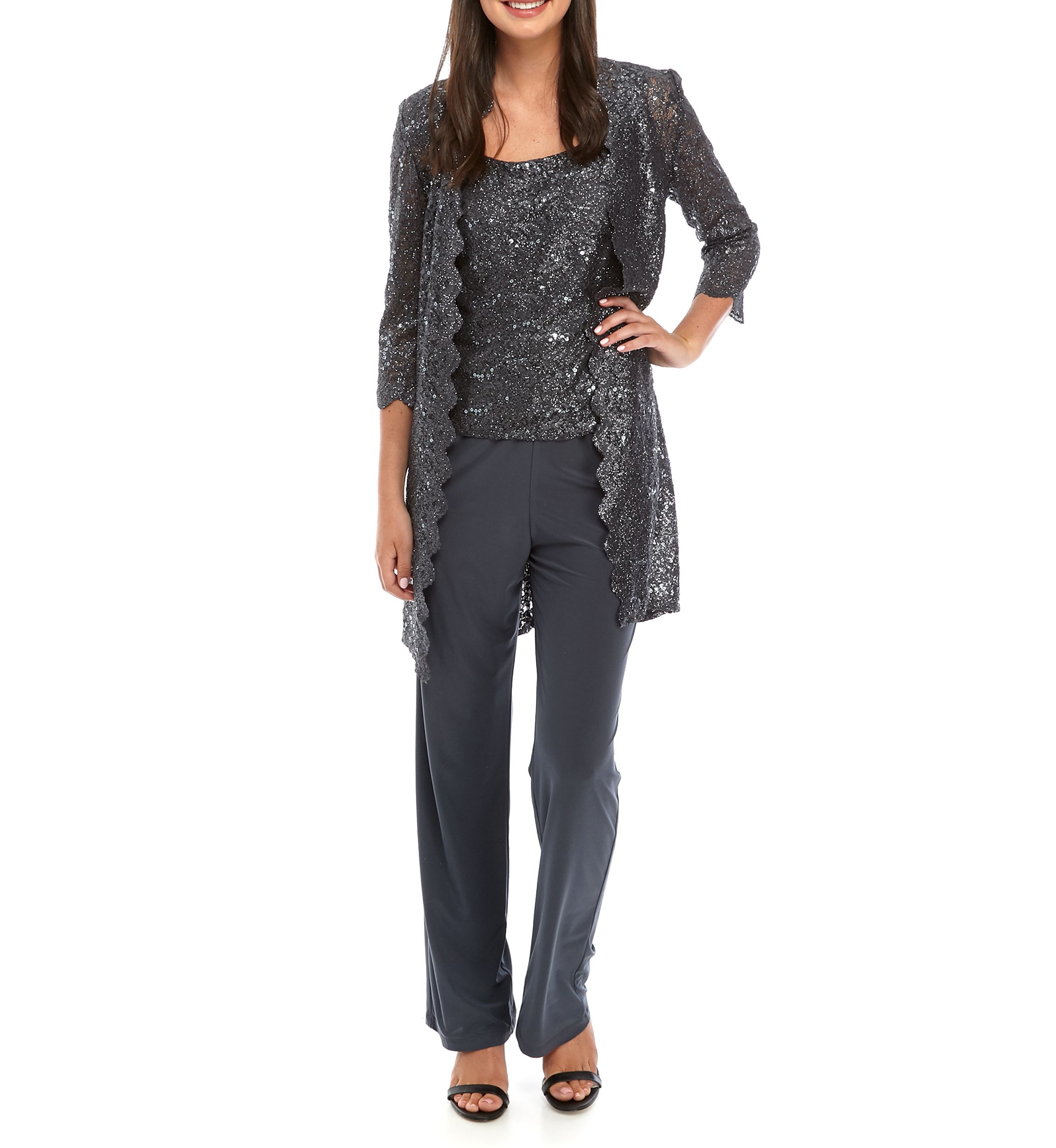 Womens 3 Piece Scallop Lace Duster Pant Set