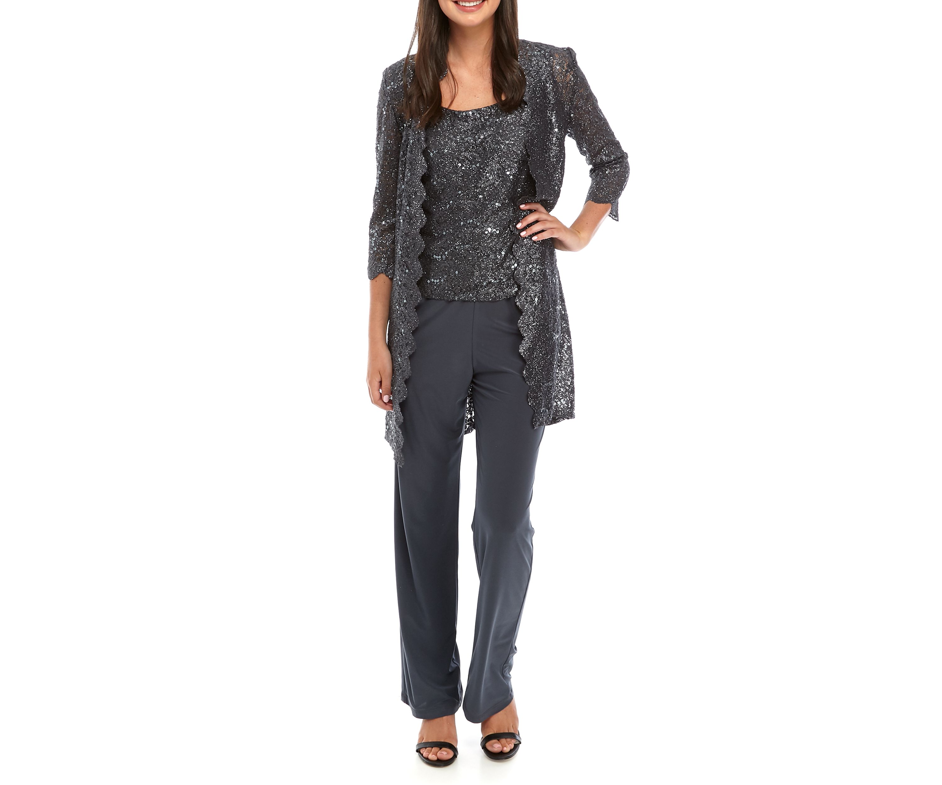 Womens 3 Piece Scallop Lace Duster Pant Set