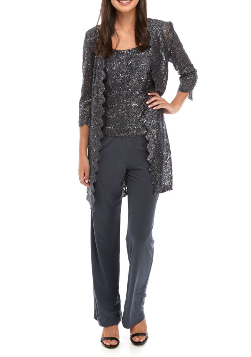 Womens 3 Piece Scallop Lace Duster Pant Set