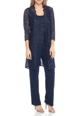 R & M Richards Women's 3 Piece Scallop Lace Duster Pant Set