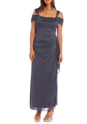 Women's Cold Shoulder Side Ruch Sparkle Long Dress