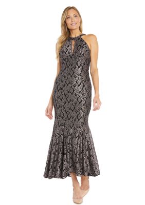 Women's Sleeveless Halter Neck Printed Glitter Lace Gown