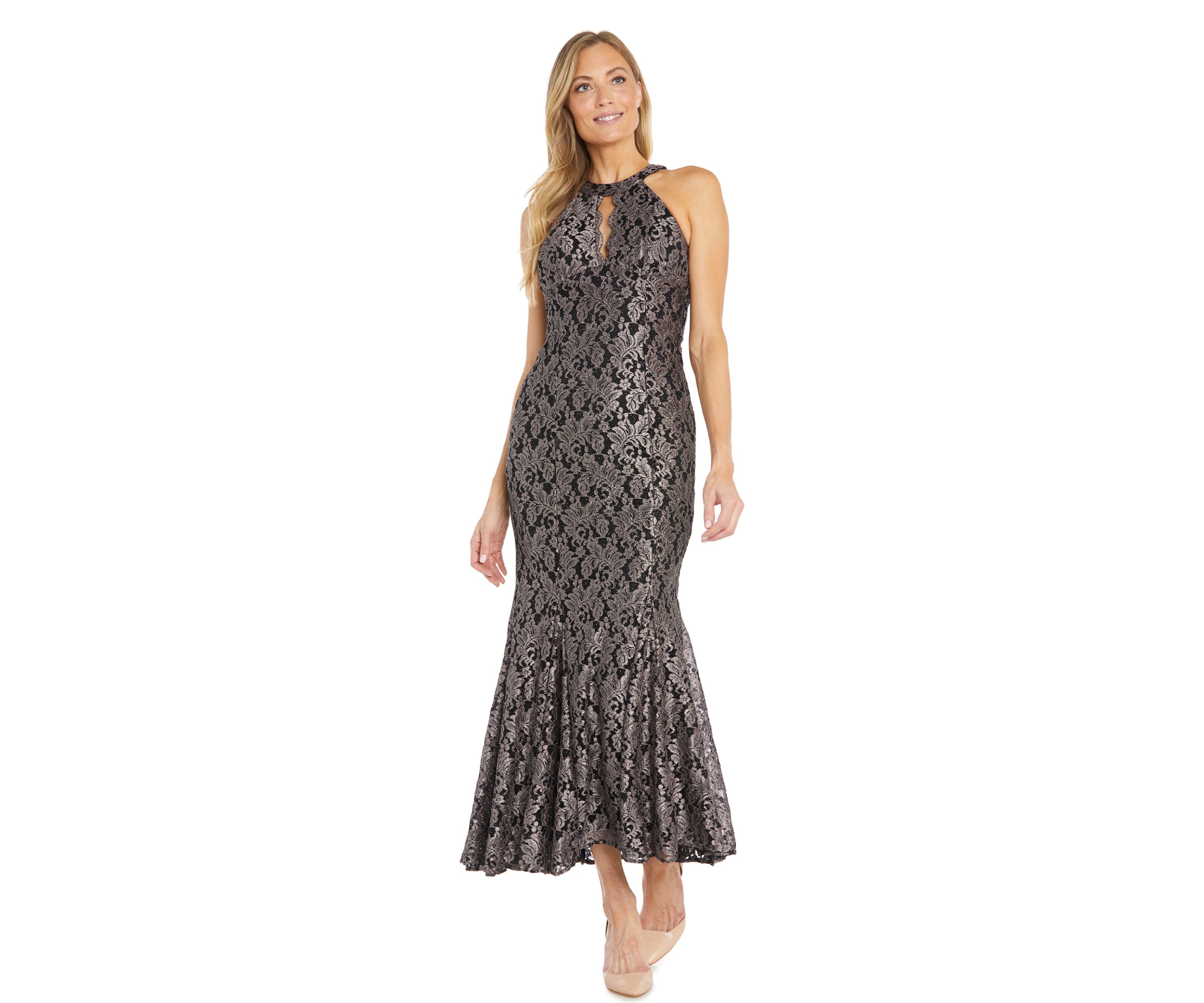 Womens Sleeveless Halter Neck Printed Glitter Lace Gown