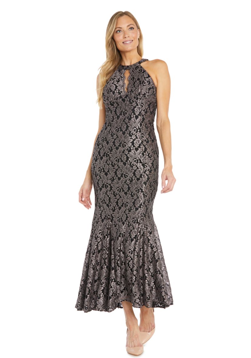 Womens Sleeveless Halter Neck Printed Glitter Lace Gown